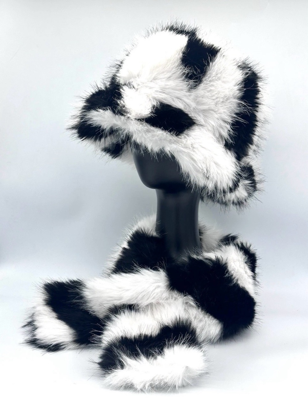 Faux Fur Black & White Bucket Hat with Matching Scarf Set